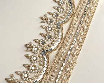 Light Gold Scalloped Mirror Sequin & Pearl Embellished Zari Border Trim Party Dress Wedding Veil Gown Sash add on Flower Girl Festive Dress