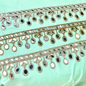 7cm gold hand crafted Indian mirror trim, suspended mirror for belts, kaftans, sari, suit, necks, wedding sash, holiday gifts trims by yard image 6