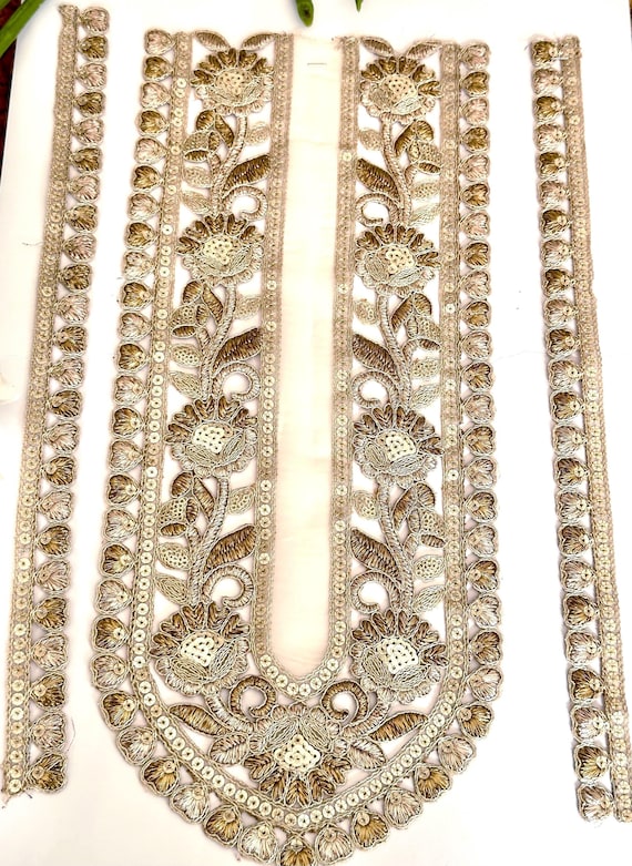 golden patch for dress Gold Handmade Neckline Applique Patch Embroidered Zari Neckline With Lace &  3 Patch for Indian Wear Traditional Dress Wedding Party Dress