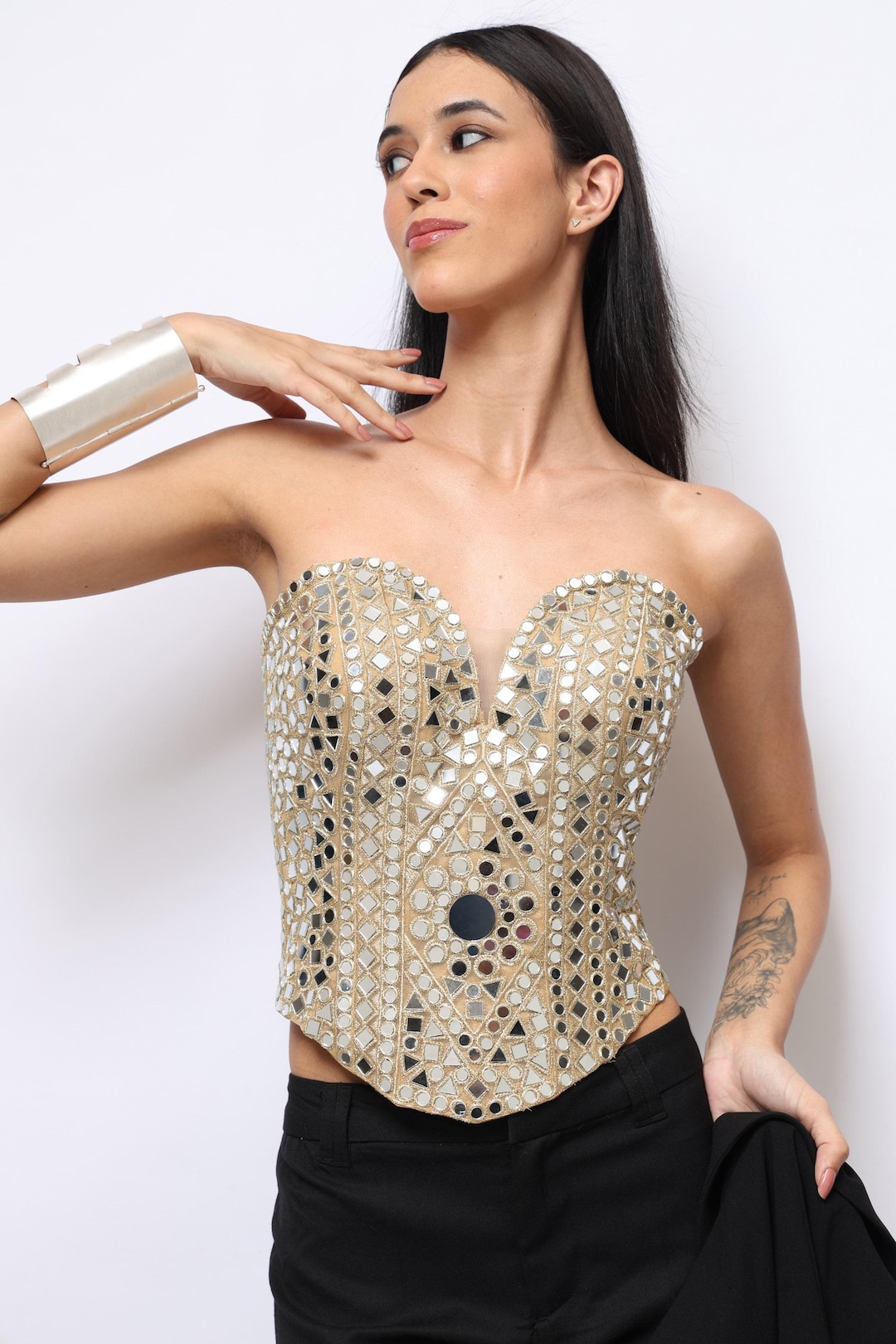 ミラーワークコルセットトップ：手作りのゴールド装飾ビスチェ