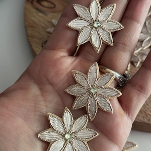 Gold Gota Trim Lace Flower Appliqué 3.5cm Embroidered Floral Embellishment with Rhinestone Center Indian Craft Sewing Scrapbook DIY Project