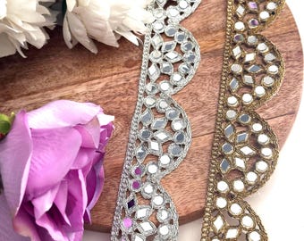 Indian Silver Mirror Work Border Scalloped Zari Mirror Trim 4.5cm Choker Band for Kaftans saree Suits Crafting Lace By Yard