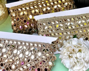 7cm gold hand crafted Indian mirror trim,suspended mirror for belts, kaftans, sari,suit,necks, wedding sash, holiday gifts trims by yard