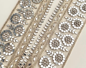 Mirror Work Embroidered Lace Trim: Gold Zari Floral Indian Border