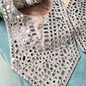 Handmade Mirror Work Neck Applique Indian Boho Chic Neck Patch Embellished Wedding Dress Sew On Applique For Festive Dress Fashion Accessory
