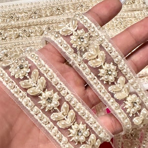 2.5cm white Pearl work zircon border on net base indian ribbon and trim for dresses sarees, blouse,curtain trimming,sew on trim, DIY by yard