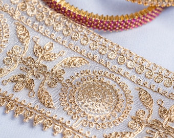 Gold Zari Border with beautiful paisley zari thread work 6cm Tulle Ribbon for saree suits and dupatta beautifully embellished trims By Yard