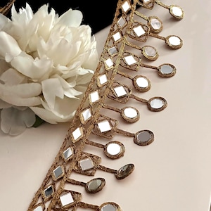 Handgemaakte gouden spiegelband voor sari's, kaftans en bruiloftssjerpen (7 cm breed)
