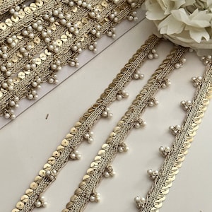 Borde de encaje de perlas con lentejuelas metálicas, borde de encaje de perlas, adorno para traje de novia, borla, borde de perlas, encaje para vestido, ropa de novia, confección de sombreros, decoración