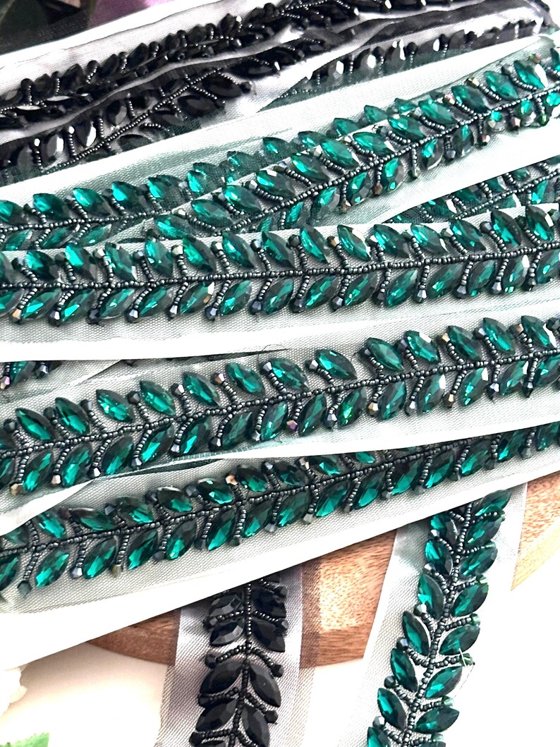 Sparkling black emerald crystal trim for bridal gowns