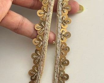 1Yard Indian Gold Metal Sequin Embellished Trim, Hand Embroidered Bridal Sewing Dress Finishing Trim, Costume Sew On Trim,Indian Lace 1 Cm