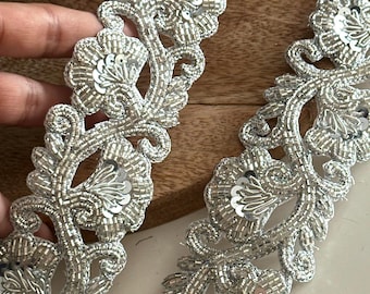 Silver Beaded Floral Lace Trim for Bridal Dress, Saree Border, Headband, Bags