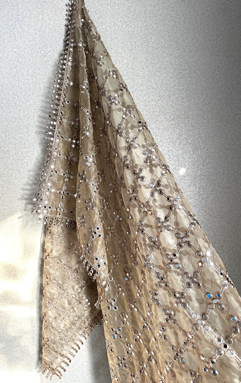 Hand holding real mirror work dupatta showing genuine mirrors and hand embroidery detail
