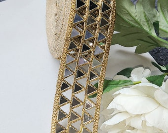 Belle broderie miroir dorée et argentée, bordure sari symétrique, dentelle Dupatta indienne, bordure décorative à coudre bricolage pour ceinture, par mètre