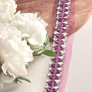 Rhinestone Diamanté Chain Trim Couture Glass Bead Applique Lace Wedding Gown Prom Dress Bridal Belt Garter Silver HeadPiece Accessory 3.5cm