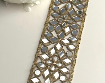 6cm Antique Indian Belt Geometric Pattern Mirror Trim Handcrafted saree Border Indian Bollywood Lace Costume Trim Cinturon Espajo by yard