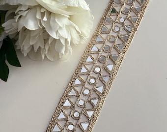 Gold Hand Crafted Broad Indian Mirror Work Border For Mirror Belts Kaftans Sari SuitNeck Wedding Sash, Holiday Gifts Trims Sold By Yard