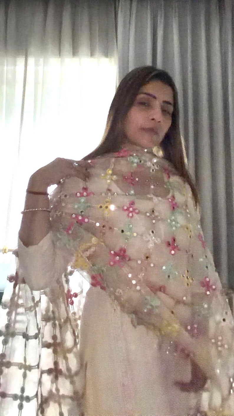 Hand Embroidered Mirror Jal Dupatta – Indian Bridal Wedding Veil Sari Wrap image 11