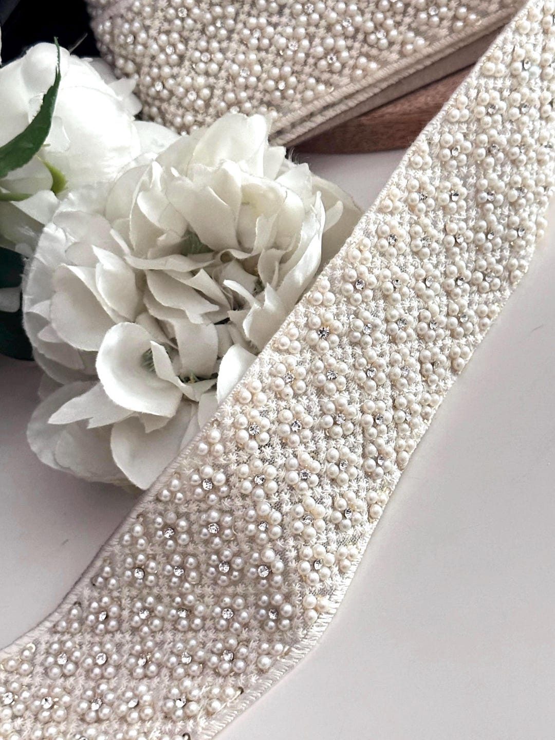 Pearl and Rhinestone Beaded Trim 2 Inch Wide Luxury Bridal Ribbon ...