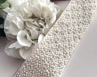 Pearl and Rhinestone Beaded Trim  2 Inch Wide Luxury Bridal Ribbon, Handcrafted Applique for Wedding Dress Sash DIY Craft & Home Decor