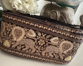 Royal Sabyasachi Inspired Zari Border Trim Black Hand Embroidered Lion Design Lace Bridal Gown Saree Trim Couture Fabric Sew On Border