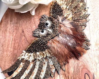 Hand-Embroidered Owl Patch with Rhinestones, Feathers, Beads – DIY Costume Applique