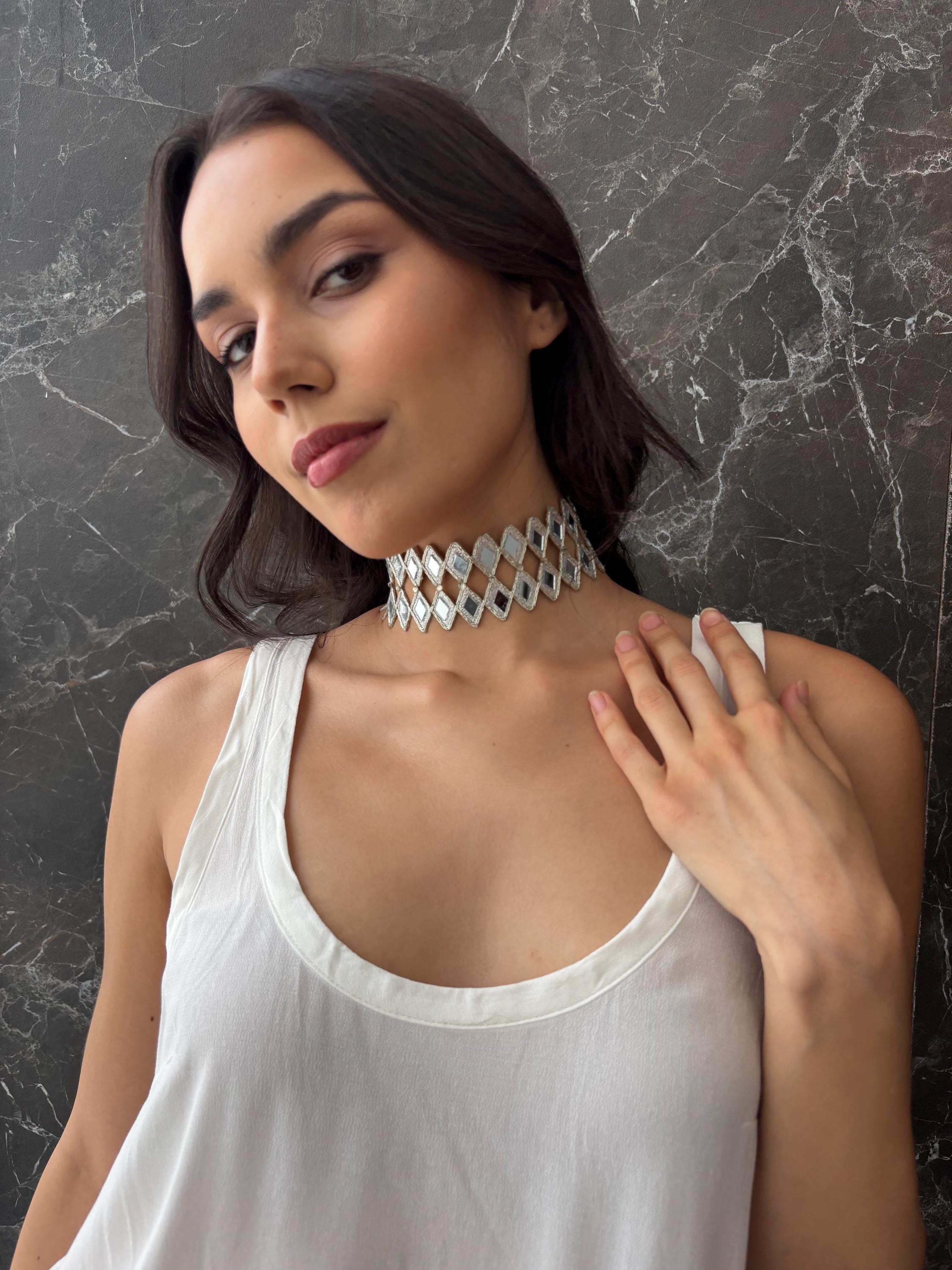 Gold Diamond Choker Jewelry Mirror Crystal Statement Collar