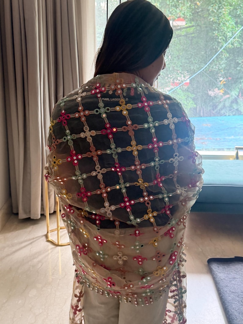 Hand Embroidered Mirror Jal Dupatta – Indian Bridal Wedding Veil Sari Wrap image 7