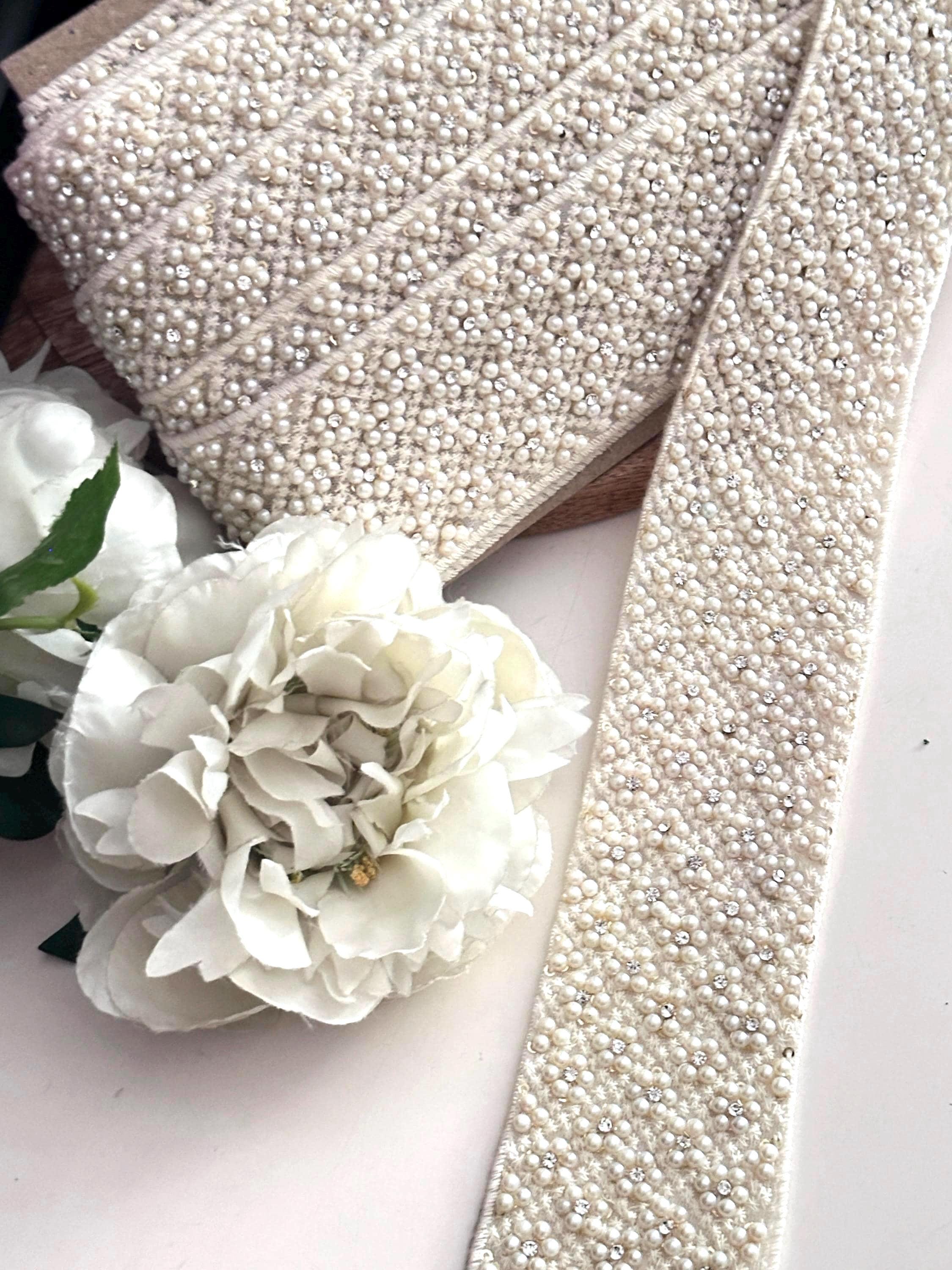 Pearl and Rhinestone Beaded Trim 2 Inch Wide Luxury Bridal Ribbon ...