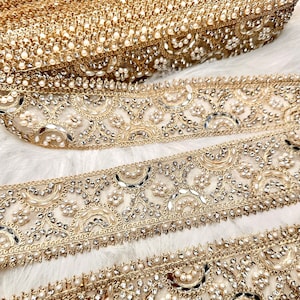 2 Yards Light Golden Mirror, Zircon & Pearl Embellished Border Trim, Indian Embroidered Sequin Zardozi Lace, Lehenga Dress Lace 5cm wide image 5