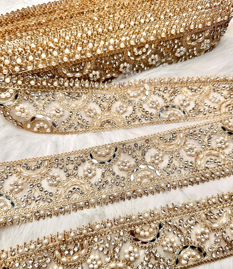 2 Yards Light Golden Mirror, Zircon & Pearl Embellished Border Trim, Indian Embroidered Sequin Zardozi Lace, Lehenga Dress Lace 5cm wide image 5