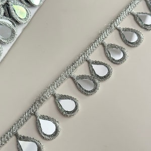 Pizzo con frange a goccia a specchio per abito da damigella d'onore, dupatta, pizzo con frange color argento, sari indiano ricamato, bordatura per velo da sposa.