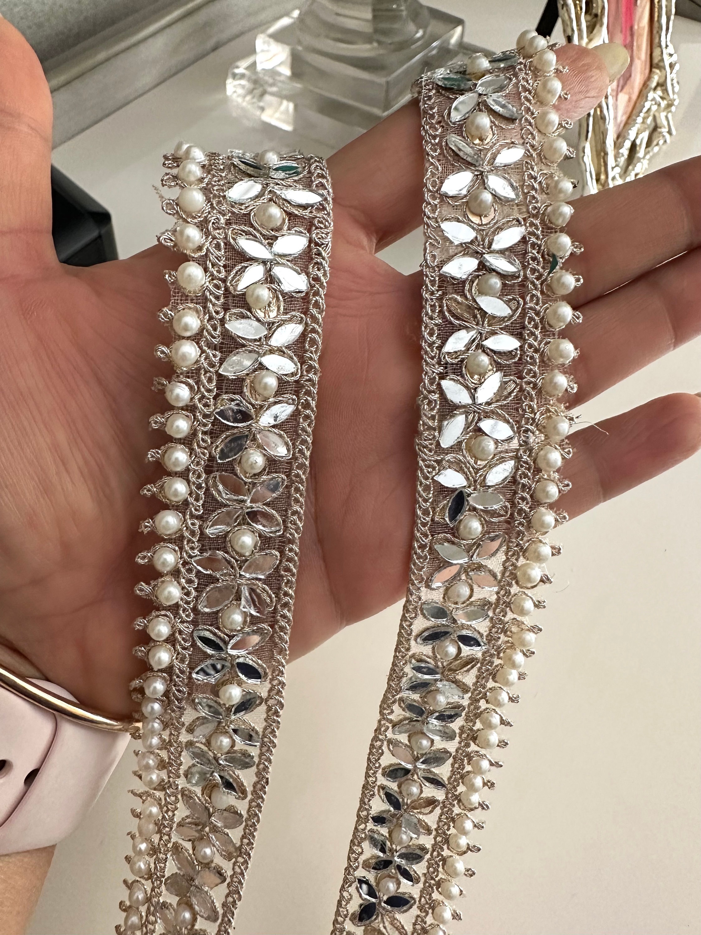 Light Gold Pearl Mirror Thin Band Wedding Veil Lace By Yard Fabric Trim For Boho Costume Hat Headpiece Custom Clothing Jewelry Craft Supply