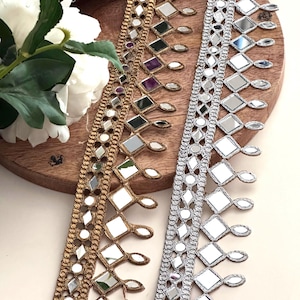 Tela de espejo dorado adornada con encaje indio, adorno de joyería para bricolaje, adorno de encaje para vestido de novia, banda para la cabeza, suministros de costura y manualidades