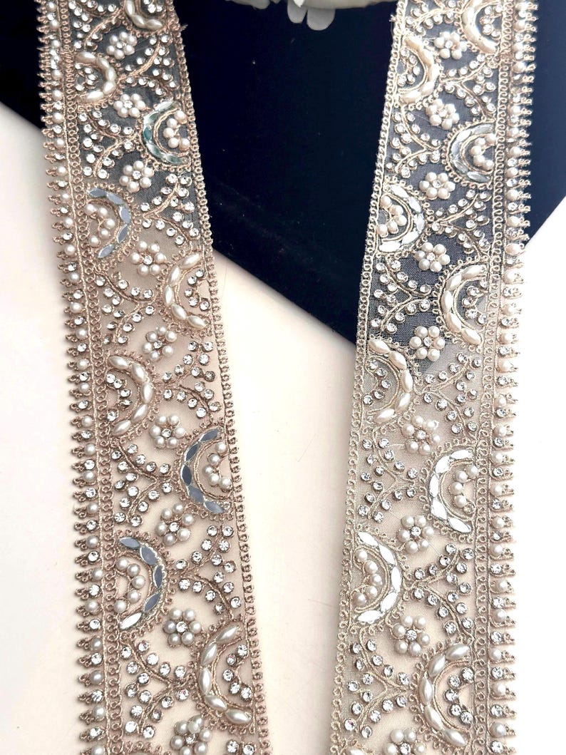 5cm by Yard Pearl Lace Light Gold Mirror Zircon & Pearl Embellished