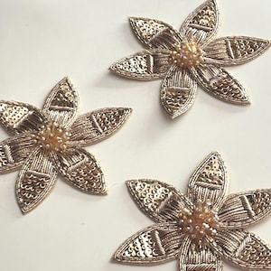 Gold Floral Embroidery Applique: Beaded Sequin Flower Patch, 4-inch