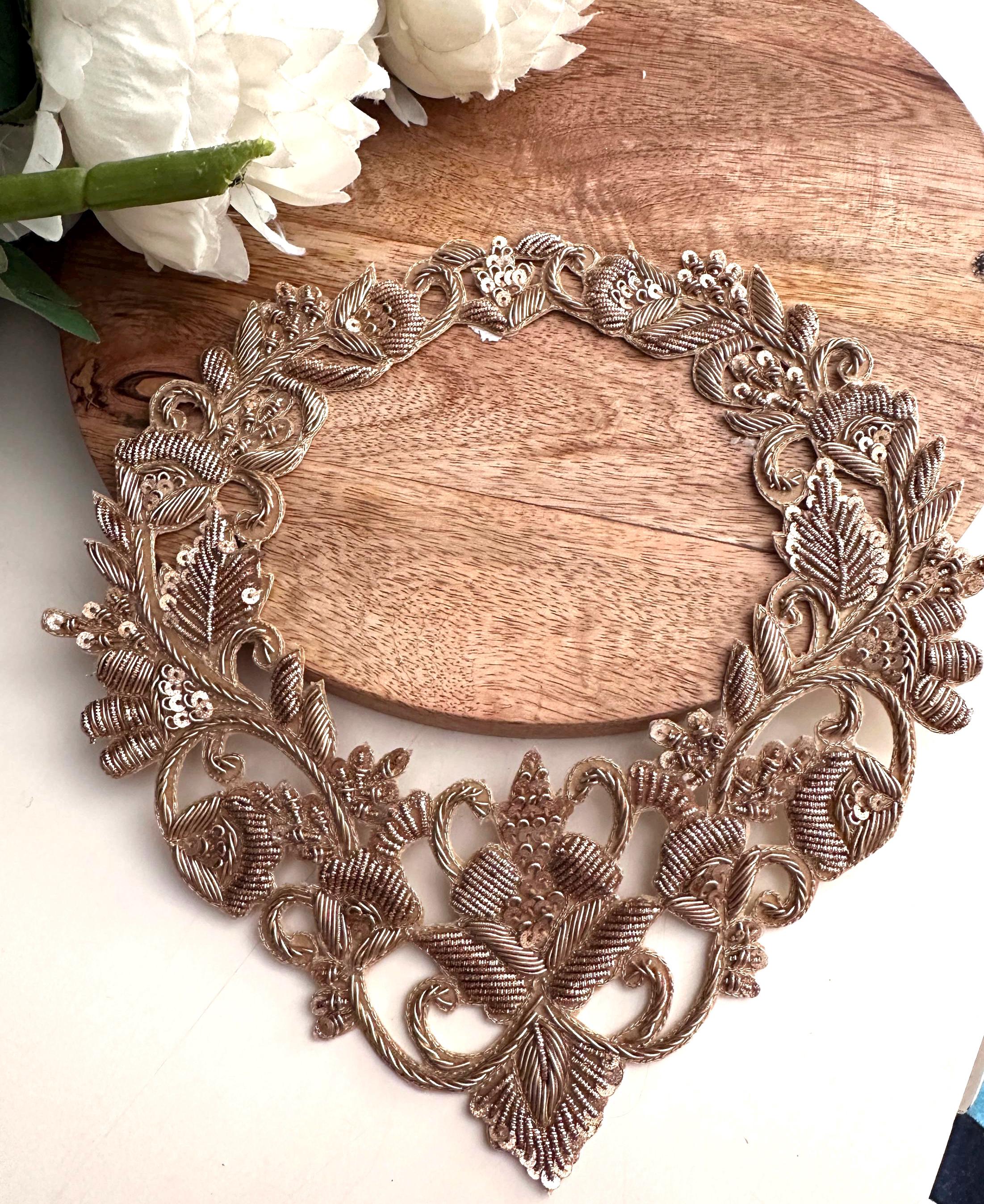 Hand Embroidered Zardozi Neck Patch: Gold Floral Applique for