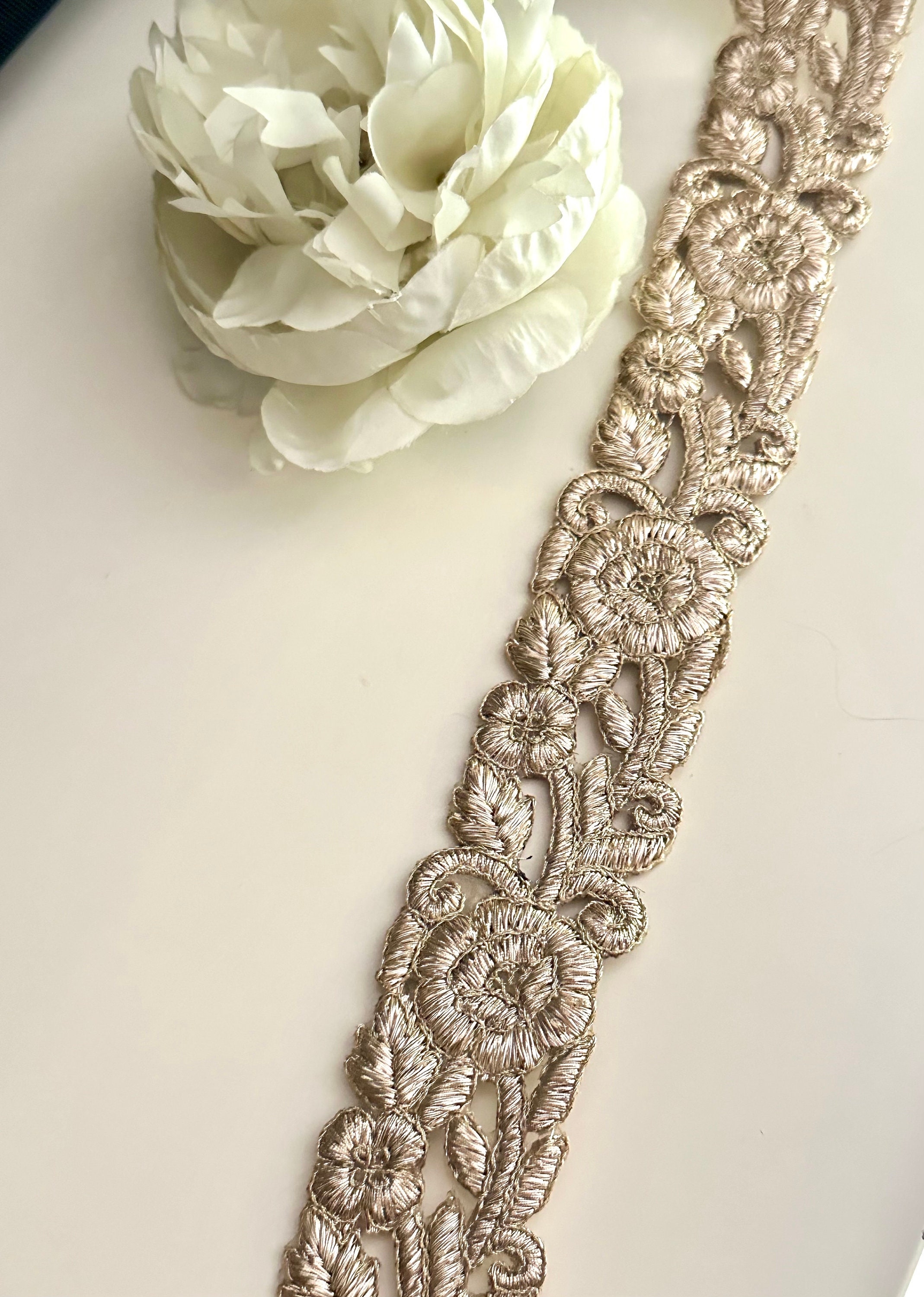 Rose Gold Cutwork Dabka Border Trim: Handmade Zari Threadwork