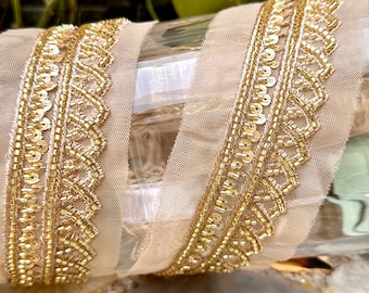 2 yards Gold tulle trim embroidered with glass beads in golden colour embroidery width – 3.5 cm (may vary slightly).