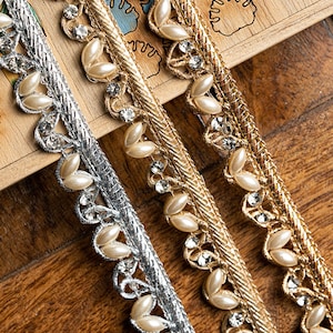 Bordure en dentelle brillante perlée, dentelle indienne Zari pour tenue de fête Accessoire de déguisement Voile de mariage Bordure en Dupatta, ruban premium par mètre