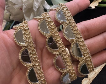 9mtr 1.5cm Golden  Scalloped Semicircle Mirror Trim, Indian Sari Lehenga Suits Lace, Wedding Sash Supply, DIY Sewing Craft, costume trim