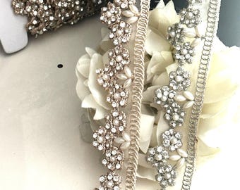 Pearl zircon embellished Indian Embroidered Lace trim ribbon 3cm Edging trim for wedding veil Gown Sash headband custom costume craft supply