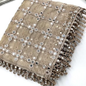 Hand embroidered net dupatta with dense real mirror jal work and intricate geometric pattern