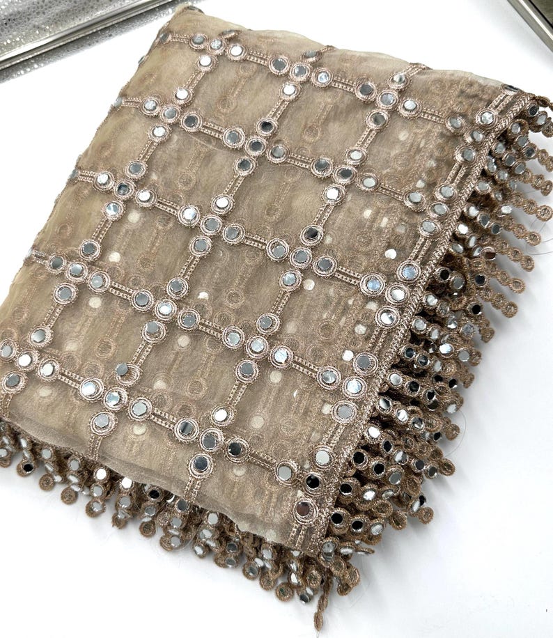 Hand embroidered net dupatta with dense real mirror jal work and intricate geometric pattern