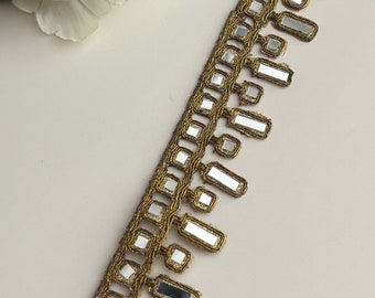 Gold Indian Real Mirror Trim 3cm Bridal Belt Gold Choker Band Wedding Dress Decorative Indian Lace Saree Border Ribbon by the Yard