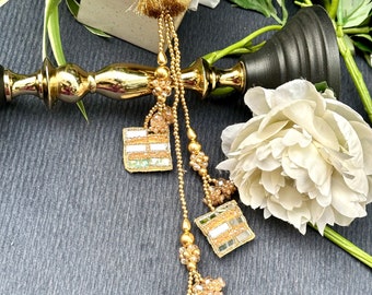 1 pair Gold Mirror and Crystal Cut Dana Multi String Hanging Latkan, Bridal Indian  Lehnga, Dupatta, Blouse, Waist Belt Tassle By Pair 17 cm