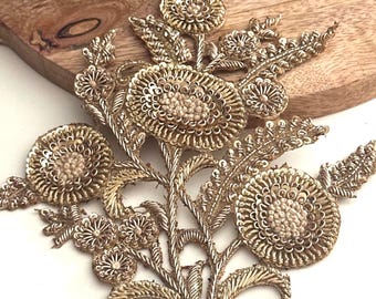 Gold Floral Zardozi Applique Patch: Hand Embroidered French Knot