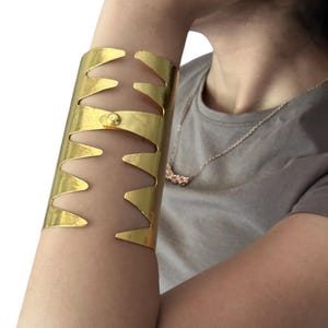 Gold Statement Cuff Bracelet Adjustable Handmade Brass Arm Cuff  Modern Tribal Jewelry Wide Gold Bracelet for Women Boho Festival Accessory