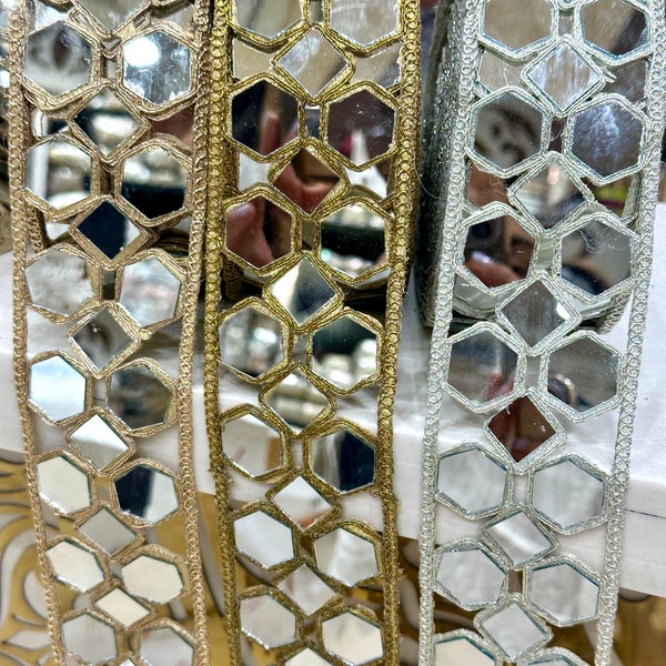 5cm Big Mirror hand crafted Geometric Mirrorwork Indian Glamourous Sari trim, Sheesha Cutwork Lace, Dress Belt, DIY Sewing Border By Yard