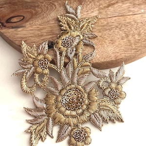 Gold Floral Applique Patch: Hand Embroidered Zardozi Sequin Embellishment